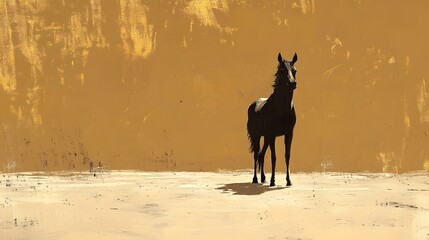 A simple composition of a unicorn standing in a barren field, its horn casting a faint light on the plain surroundings.