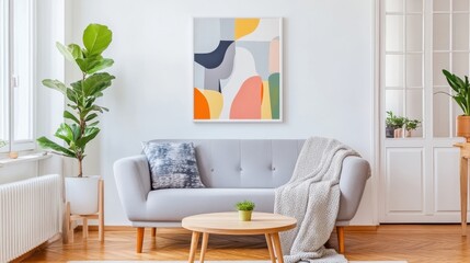 Cozy Room with Grey Sofa and Natural Greenery