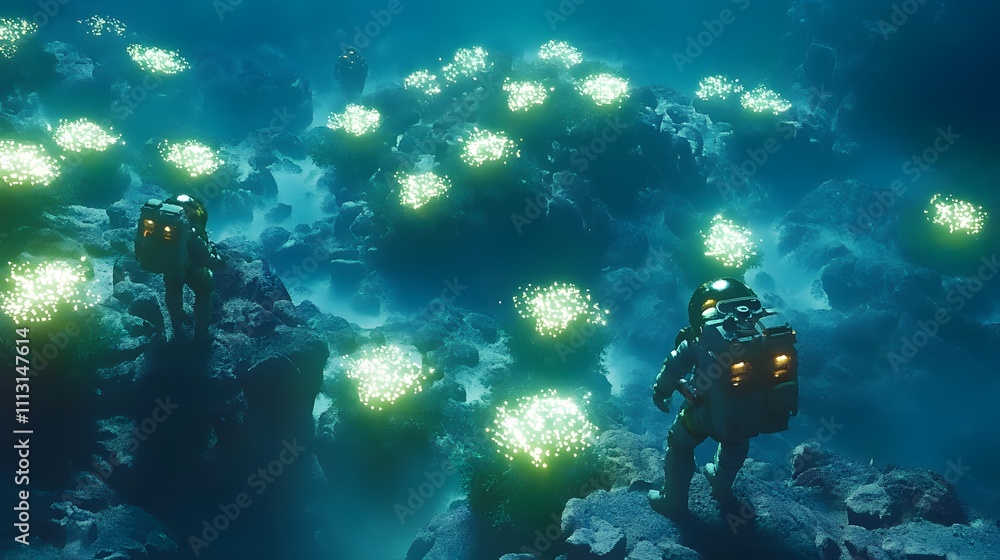 Poster aerial view of astronauts navigating a luminous alien jungle, with symmetrical clusters of glowing f