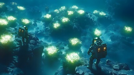 Aerial view of astronauts navigating a luminous alien jungle, with symmetrical clusters of glowing flora.