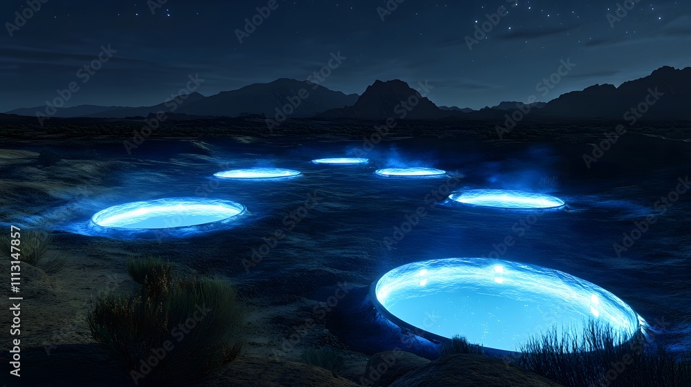 Poster Astronauts documenting glowing symmetrical pools scattered across a flat alien plain.