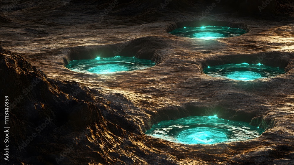 Poster Astronauts documenting glowing symmetrical pools scattered across a flat alien plain.