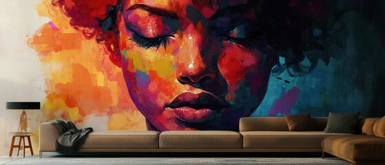 Colorful abstract portrait above brown couch.