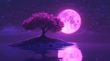 A pink purple moon in the sky, a tree on an island with pink leaves, cartoon style