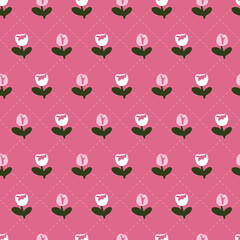 Cute Whimsical Floral Pattern with Cartoon Tulips. Perfect for spring-inspired designs, gift wrap, fabric, and stationery, Ideal for creating a cheerful and soft aesthetic