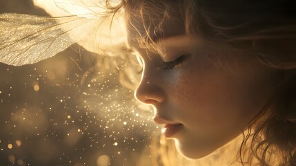 Fototapeta premium A close-up of a fairy blowing glowing dust into the wind, her delicate features illuminated by its soft light.