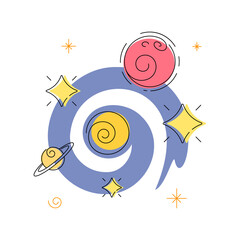 Space objects. Vector illustration. Sketch style drawing. Cartoon style.