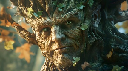 Obraz premium A realistic view of a woodland spirit peering curiously through a canopy of leaves, its form blending with the shadows.