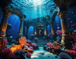 Obraz premium An underwater world reveals ancient temple ruins, bathed in sunlight streaming from above and embraced by a kaleidoscope of coral reefs.