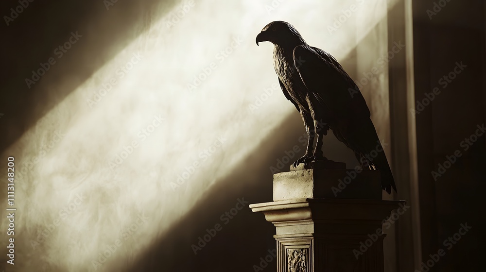 Poster A clean composition of a griffin perched on a stone pedestal, its sharp features illuminated by a soft overhead light.