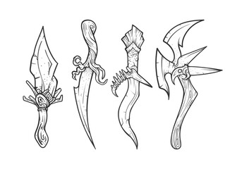 Ancient weapons set. Vector hand drawn illustration. Sketch style drawing. Fantasy knifes.