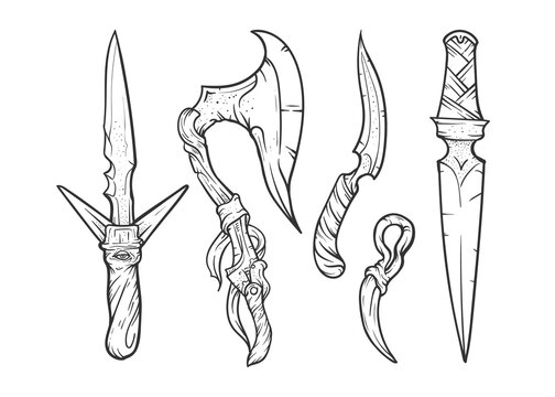 Ancient weapons set. Vector hand drawn illustration. Sketch style drawing. Fantasy knifes.