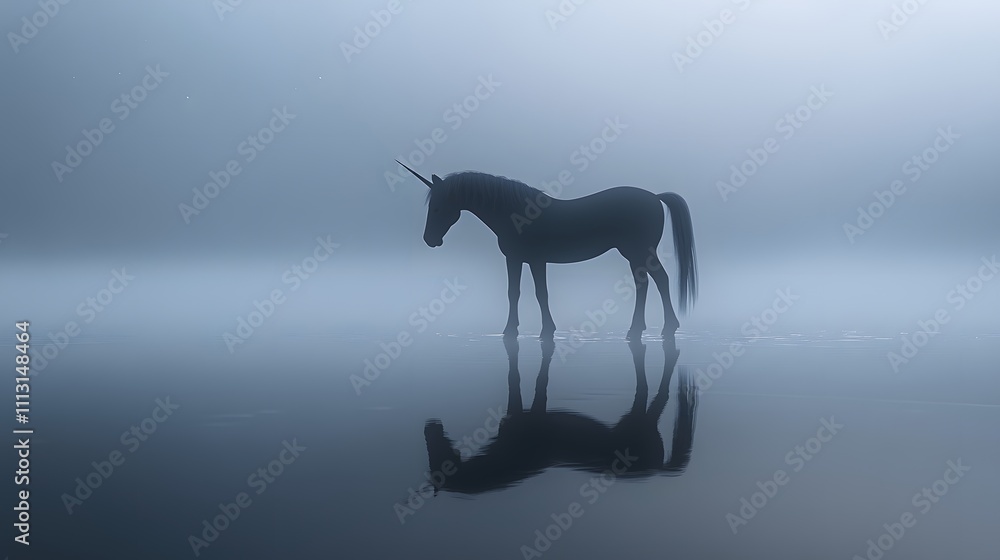 Leinwandbilder A minimalist view of a unicorn standing at the edge of a reflective pool, its horn faintly glowing in the soft light.