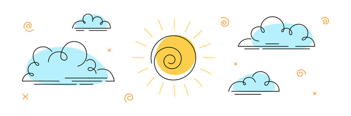 Clouds and sun. Vector illustration. Sketch style drawing. Cartoon style.
