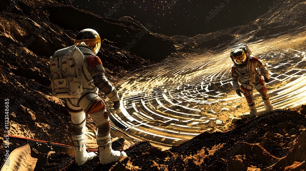 Aufkleber a symmetrical perspective of astronauts mapping a glowing alien lake with intricate patterns ripplin