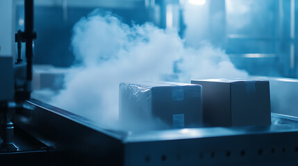 Packages in dry ice on conveyor belt.