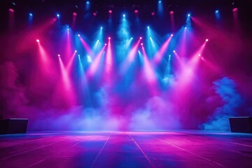 Empty concert stage bathed in magenta, vibrant blue lights. Bright spotlights create atmosphere of excitement, anticipation. Floor flat surface. Fog smoke fills stage background. Professional