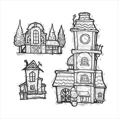 Fototapeta premium Houses set. Hand drawn vector illustration. Sketch style drawing