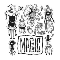 Magic set. Hand drawn vector illustration. Sketch style drawing. Art for merch.