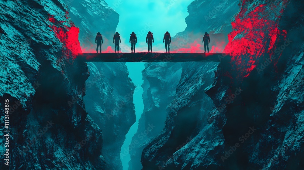 Poster A symmetrical view of astronauts crossing a glowing alien bridge suspended over an iridescent canyon.