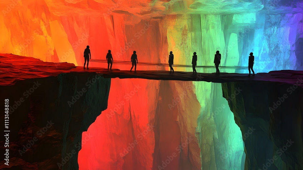 Poster A symmetrical view of astronauts crossing a glowing alien bridge suspended over an iridescent canyon.