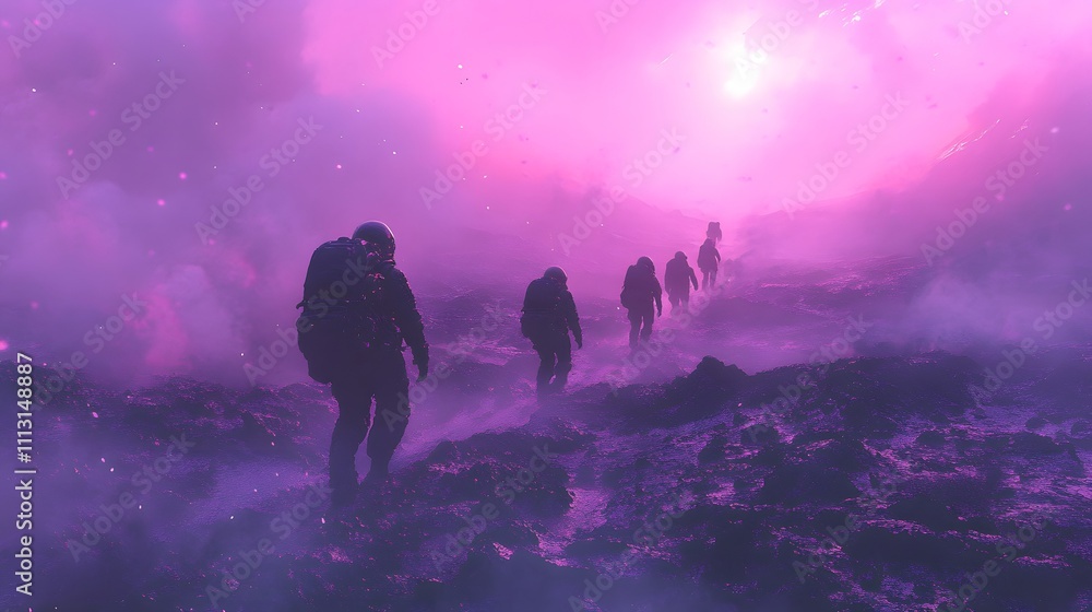 Poster A high-angle view of astronauts hiking along parallel paths through a glowing alien landscape.