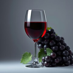 A glass filled with rich red wine resting against a cluster of purple grapes, wine bottle, wine glass