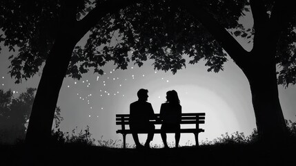 A silhouette of a couple sitting on a bench under trees, creating a romantic atmosphere.