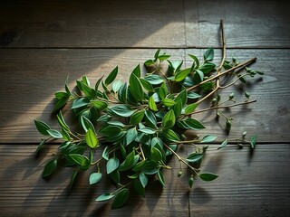 Obraz premium Aromatic plant leaves and stems arranged on a wooden table, rustic decor, aromatic plants