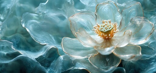 A delicate, translucent flower with intricate details in a serene, aquatic setting.