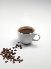 Fototapeta premium A single steaming cup of coffee placed on a minimalist white background with a few coffee beans nearby , table setting, home decor