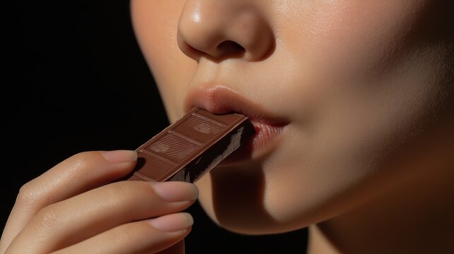 A woman is eating a chocolate bar