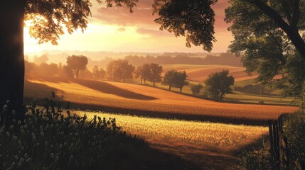 Fototapeta premium 24.A golden sunset bathes the countryside in soft, warm light, casting the silhouettes of oak trees across the landscape. The fields, filled with crops, glow under the fading light, creating a