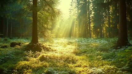 Fototapeta premium 9.A forest bathed in soft, golden sunlight, with beams of light breaking through the dense canopy. The ground is covered in a variety of plants, trunks, and twigs, creating a natural mosaic of