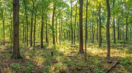 Fototapeta premium 7.A quiet forest scene with sunlight filtering through the tall trees, creating dappled patterns of light on the forest floor. The landscape is filled with plants, fallen branches, and earthy