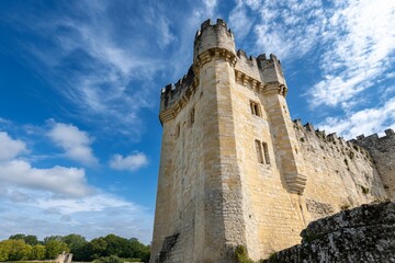 Obraz premium Historic stone castle under a blue sky with scattered clouds.