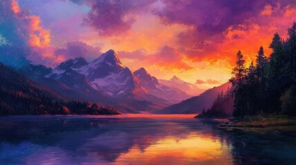 Serene sunset, mountains reflected in still lake.