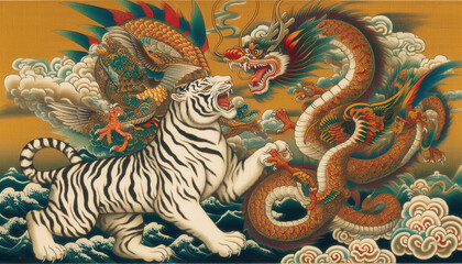 Obraz premium 日本画、浮世絵／龍（ドラゴン）虎（タイガー） 龍虎 