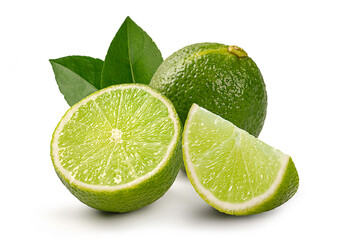Fresh lime with half and green leaves isolated on white background.