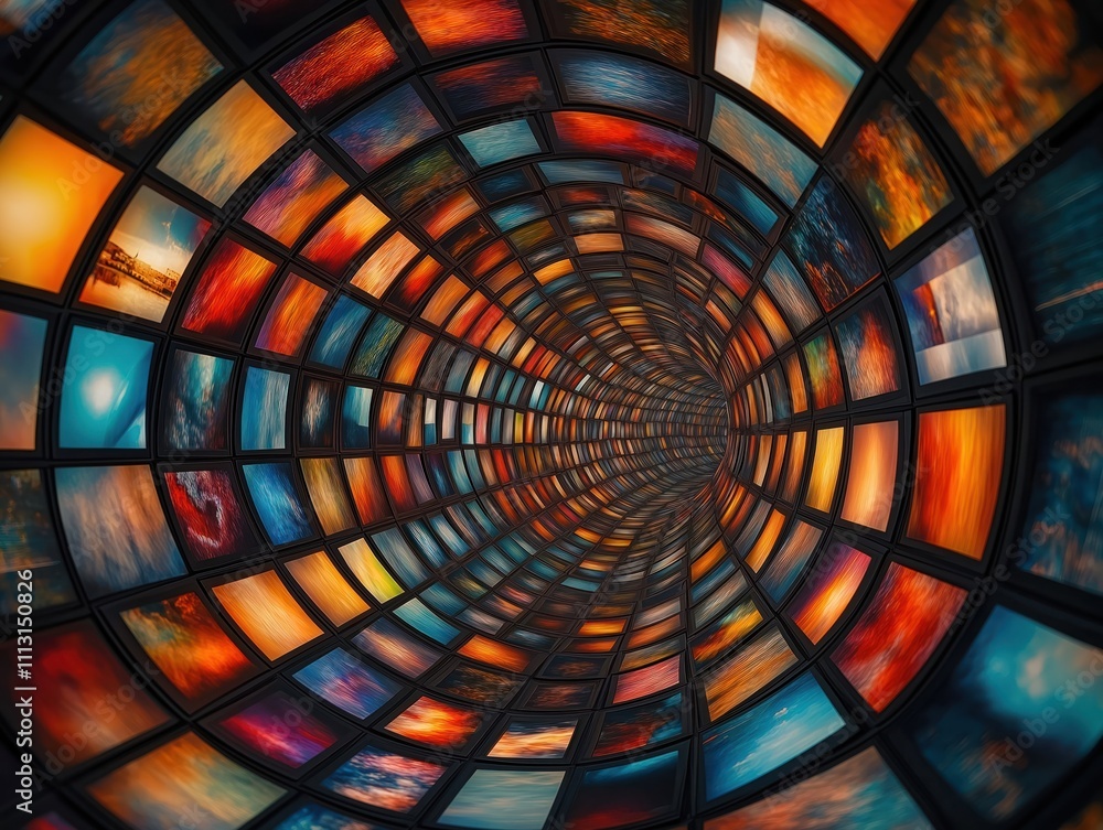 Poster abstract tunnel filled with many small screens showing diverse images. dynamic stream of visuals. mu