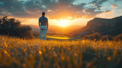 Fototapeta premium Golf Player Admiring a Scenic Sunset in a Picturesque Landscape