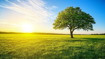 Fototapeta premium 4.A vast green field illuminated by the golden rays of a setting sun, with a single tree providing gentle shade. The sky is a brilliant blue with soft, wispy clouds. The contrast of green grass, warm