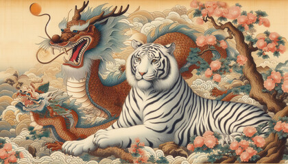 日本画、浮世絵／龍（ドラゴン）虎（タイガー）　龍虎	