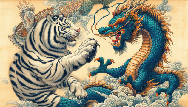 日本画、浮世絵／龍（ドラゴン）虎（タイガー）　龍虎	