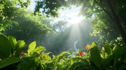 Lush forest scene with sunlight filtering through trees and plants.