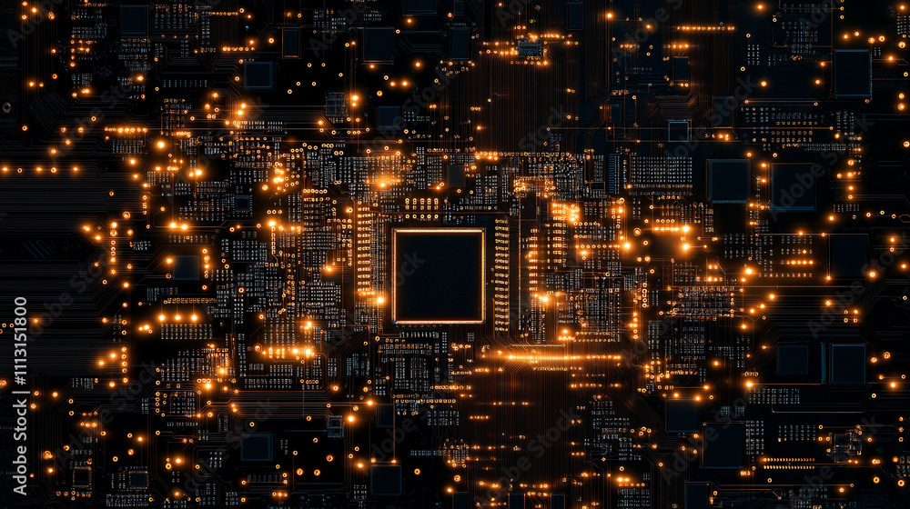 Poster circuitry glow: a captivating abstract image of a glowing microprocessor, surrounded by intricate ci