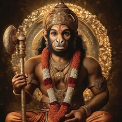 Powerful Lord Hanuman portrait. Hindu deity illustration with mace. Strong, regal pose. Detailed gold jewelry. Art style combines traditional Indian iconography with modern 3D illustration. Suitable