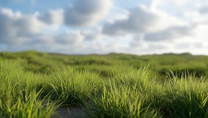 Obraz premium Lush green grass under a cloudy sky, creating a serene landscape.