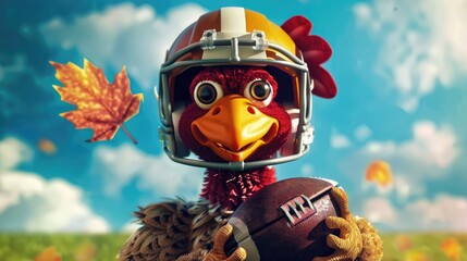 Turkey cartoon concept dressed as a football player, wearing a helmet and holding a football.