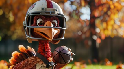 Turkey cartoon concept dressed as a football player, wearing a helmet and holding a football.